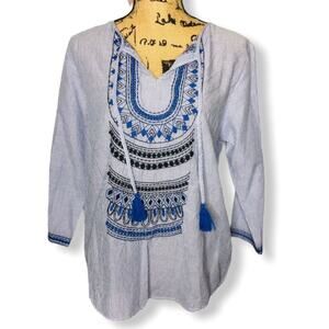 NEW Velvet blue striped embroidered top size small